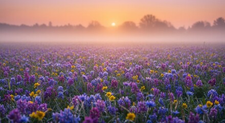 Fototapeta premium Ethereal morning mist gently blankets a vast field of blooming wildflowers, vibrant purple and yellow hues emerging under the soft glow of a new day's sun