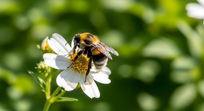 Bee pollinating a white flower in a garden. - Powered by Adobe