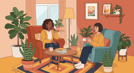 Vector Illustration of Cozy Indoor Living Room Scene Featuring Two Women Sitting on Armchairs in Warm Color Palette Modern Style