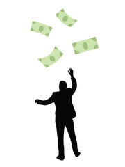 Silhouette of Business Man Catching Dollars Isolated on White. Making money concept vector art, lottery win or loan