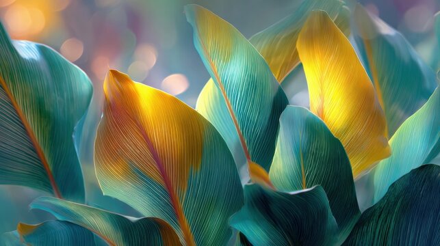 Abstract tropical leaves with vibrant teal and golden yellow colors under soft light with blurred bokeh background.