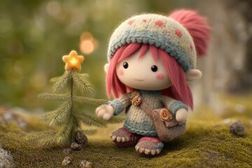 Cute handmade elf doll with pink hair and small festive tree in a serene, magical forest setting