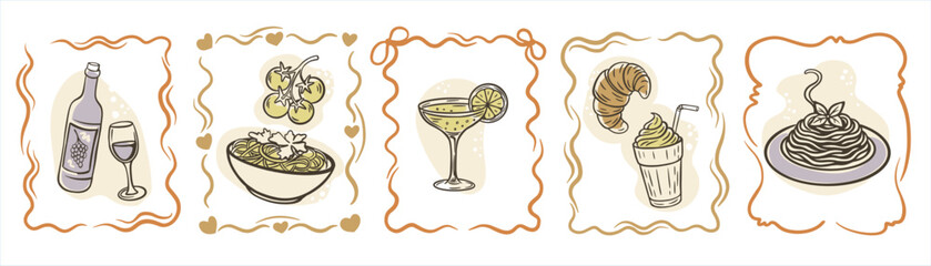 Vector food frames with wine, pasta, champagne, croissant, milkshake and dessert. Decorative culinary borders perfect for restaurant menu, cafe design, invitations and food-themed projects.