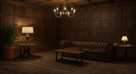 Luxurious leather chesterfield sofa and antique chandelier in a wood-paneled room