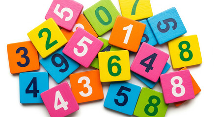 Colorful number tile scattered on white background, perfect for early childhood education and learning math skills