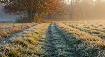 Sunlight filters through morning mist onto a frost-covered country lane in a serene autumn landscape