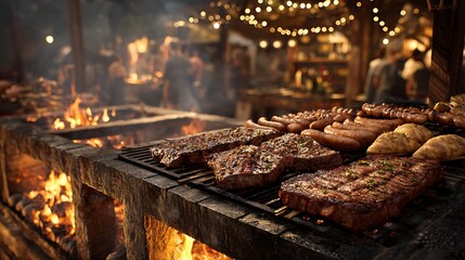 Close up of steaks and sausages grilling over an open fire at an outdoor event with lights above