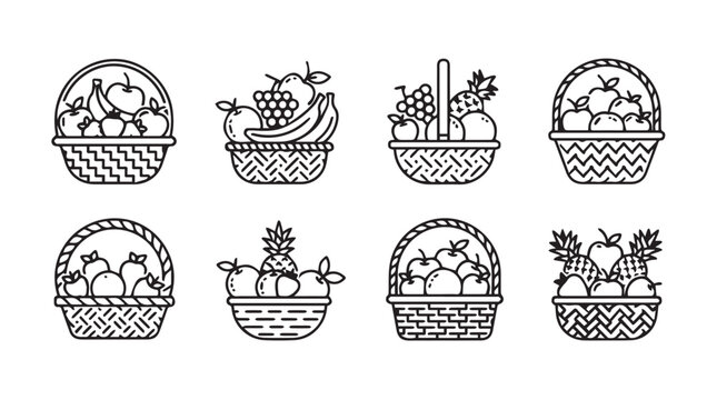 Collection of eight fruit basket illustrations in a simple line art silhouette style
