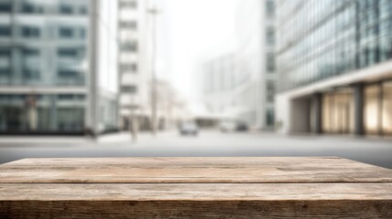 Rustic Wooden Tabletop with Blurred Modern Cityscape Background for Product Display and Mockups