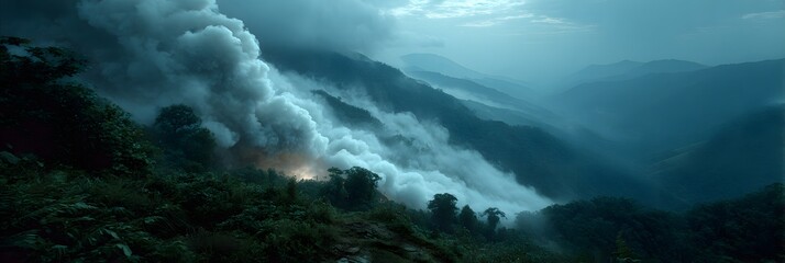 Dramatic mountain landscape under a stormy illuminated sky