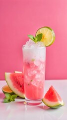 Refreshing summer drink with watermelon and lime garnished with crushed ice