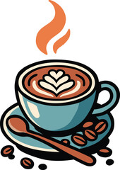 Hot coffee cup with latte art heart, steam rising, spoon and beans detail, modern bold style for cafe branding, restaurant menu, beverage promotion, editable EPS file for creative projects.