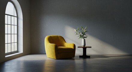 Comfortable Yellow Armchair in a Minimalist Living Room with Natural Light