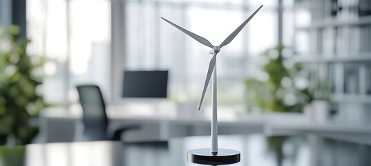 A miniature wind turbine model sits on a desk in a modern office, representing renewable energy, sustainability, and a commitment to environmental responsibility