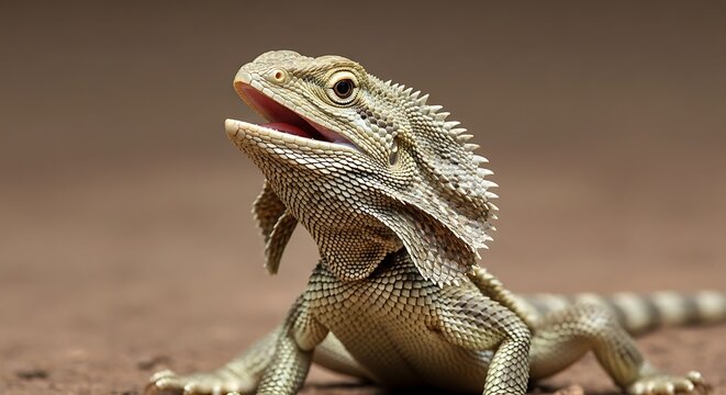 Bearded Dragon with Open Mouth on Brown Surface.
