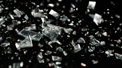 Abstract background of shattered glass fragments flying with motion blur on black backdrop, close-up macro view of transparent crystals and broken mirror pieces falling dynamically.