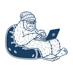 yeti wearing a beanie and glasses working on a laptop in a beanbag chair sketch