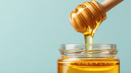 Golden honey dripping from a wooden dipper into a glass jar on light background.