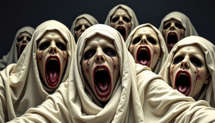 Screaming ghosts event dark room horror art eerie atmosphere frontal view fear concept