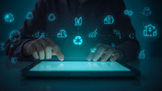 Digital Touch: A person interacts with a digital tablet displaying an array of environmental icons, representing a technological approach to environmental consciousness.