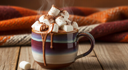 Steaming Hot Chocolate with Marshmallows and Chocolate on Wooden Table