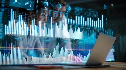 Data Analysis in Focus: A skilled analyst immersed in a dynamic interface of graphs, charts, and data visualizations, leveraging a laptop to interpret intricate information and draw insights. - Powered by Adobe