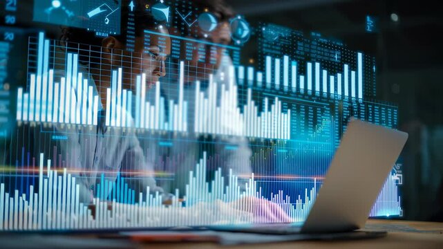 Data Analysis in Focus: A skilled analyst immersed in a dynamic interface of graphs, charts, and data visualizations, leveraging a laptop to interpret intricate information and draw insights. - Powered by Adobe
