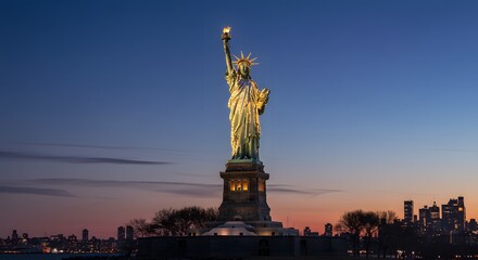 The iconic statue of liberty at dusk.