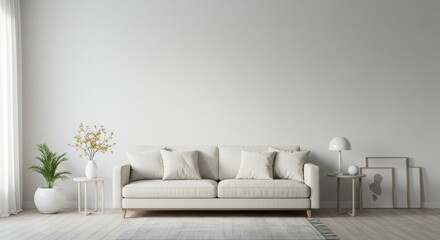Spacious and modern living room with a comfortable beige sofa against a blank white wall, perfect for interior design mockups and copy space