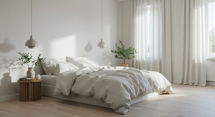 Bright and serene minimalist bedroom with a large bed and natural light streaming through the window, a photorealistic interior design rendering