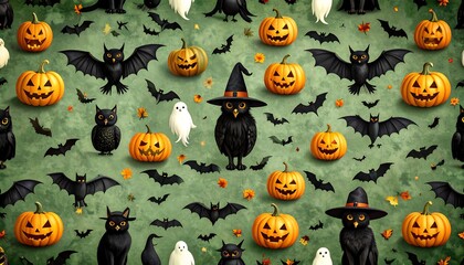 Halloween themed repeating pattern of pumpkins, bats, cats, owls, and ghosts