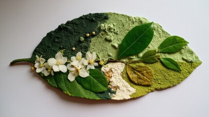 Top-down conceptual image of a large leaf shape composed of various shades of cosmetic powders and garnished with small flowers on a white background.