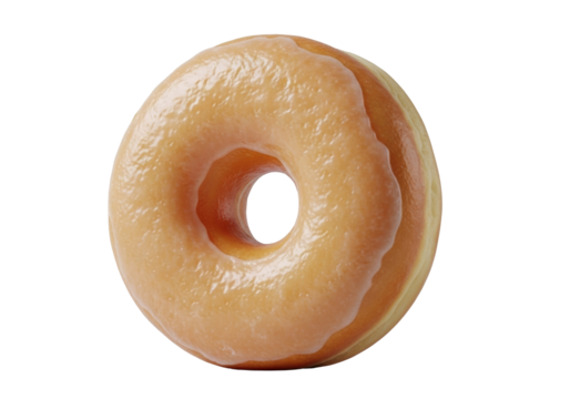 A single, perfectly formed, golden-brown ring donut, covered in smooth, translucent sugar glaze, isolated against a seamless transparent background with bright studio lighting and sharp focus Concept