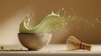 Matcha powder splash with whisk and ceramic bowl, dynamic scene