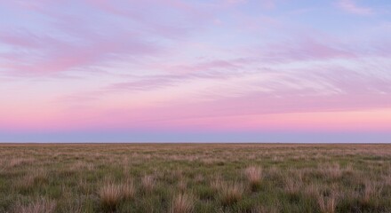 Expansive grassy prairie stretches to the horizon under a serene pink and purple sunset sky