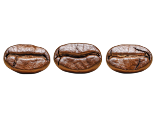 Three aligned, shiny brown coffee beans against stark black background