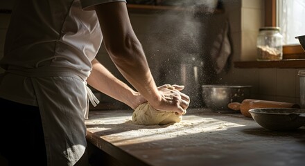 A baker kneading dough, a moment of culinary artistry