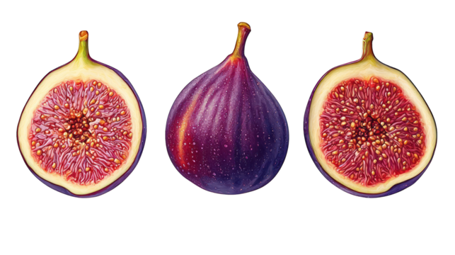 Three figs; whole & halved to show fruit interior; dark purple; isolated on black