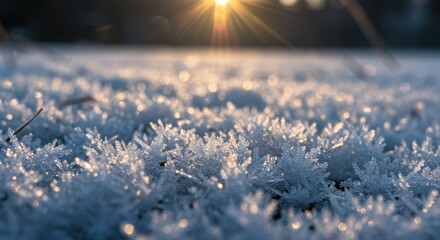 A detailed macro view of sparkling hoarfrost ice crystals on the frozen ground, beautifully backlit by the warm, golden glow of a winter sunrise