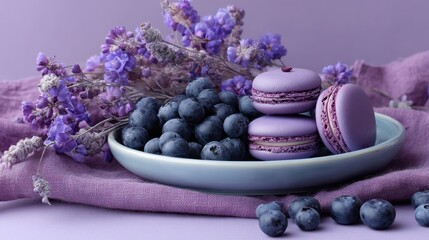 Purple composition with macarons, blueberries and lavender flowers