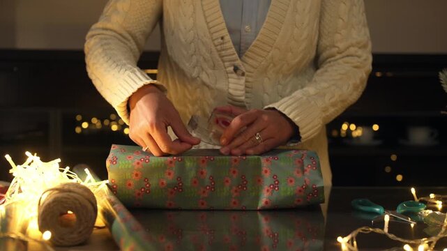 Person Wrapping a Festive Gift with Decorative Paper Under Warm Lights