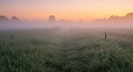 Misty Meadow Sunrise Serene Landscape Photography