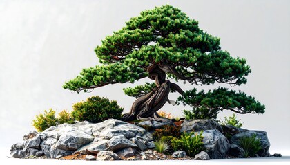 Fototapeta premium A meticulously detailed bonsai pine tree sits atop a rocky outcrop, showcasing intricate root systems and lush foliage against a neutral background.