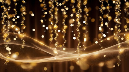 Golden bokeh lights hanging with sheer fabric in a dark festive background design element present