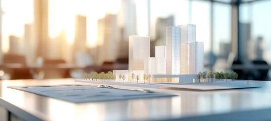 Architectural model of a city skyline on a desk in a bright office with sunlight, showcasing urban design and planning with documents