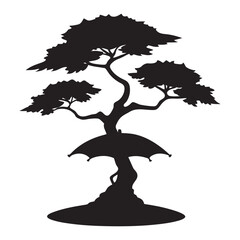 Silhouette of a bonsai tree with an umbrella integrated into its trunk