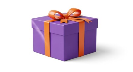 Obraz premium Purple Gift Box with Orange Ribbon and Bow on White Background