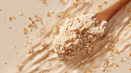 Wooden spoon with oat bran on creamy beige background