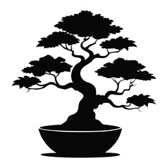 Silhouette of a majestic bonsai tree in a pot