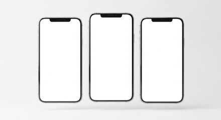 Three Modern Smartphone Devices with Black Edges and White Screens on Light Gray Background